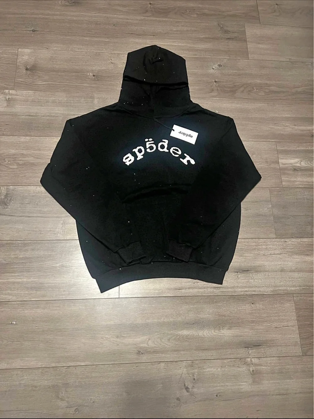 Sp5der rhinestone unisex Black Logo Hoodie - Men's Pullover